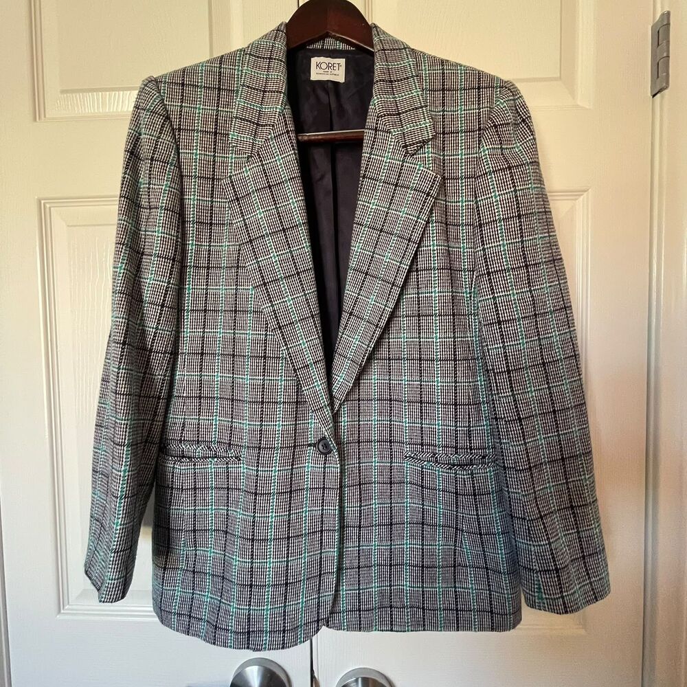Koret Vintage Women’s Size 12 Plaid Single-Button Y2K Blazer Teal Black Jacket - Picture 2 of 8